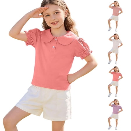 BXSRUTA Girls Short Sleeve Puff Sleeve Top Peter Pan Collar Breathable Blouse Soft Polyester Spandex Casual Tee Shirt Blouses 12 Months-9 Years
