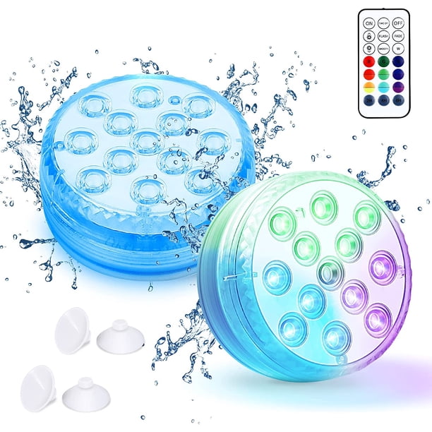 Luces LED sumergibles, 2 piezas, 13 LED multicolor, luces de piscina con control remoto, iluminación subacuática impermeable IP68, luces de bañera para acuario, spa, estanque, fiesta, jardín