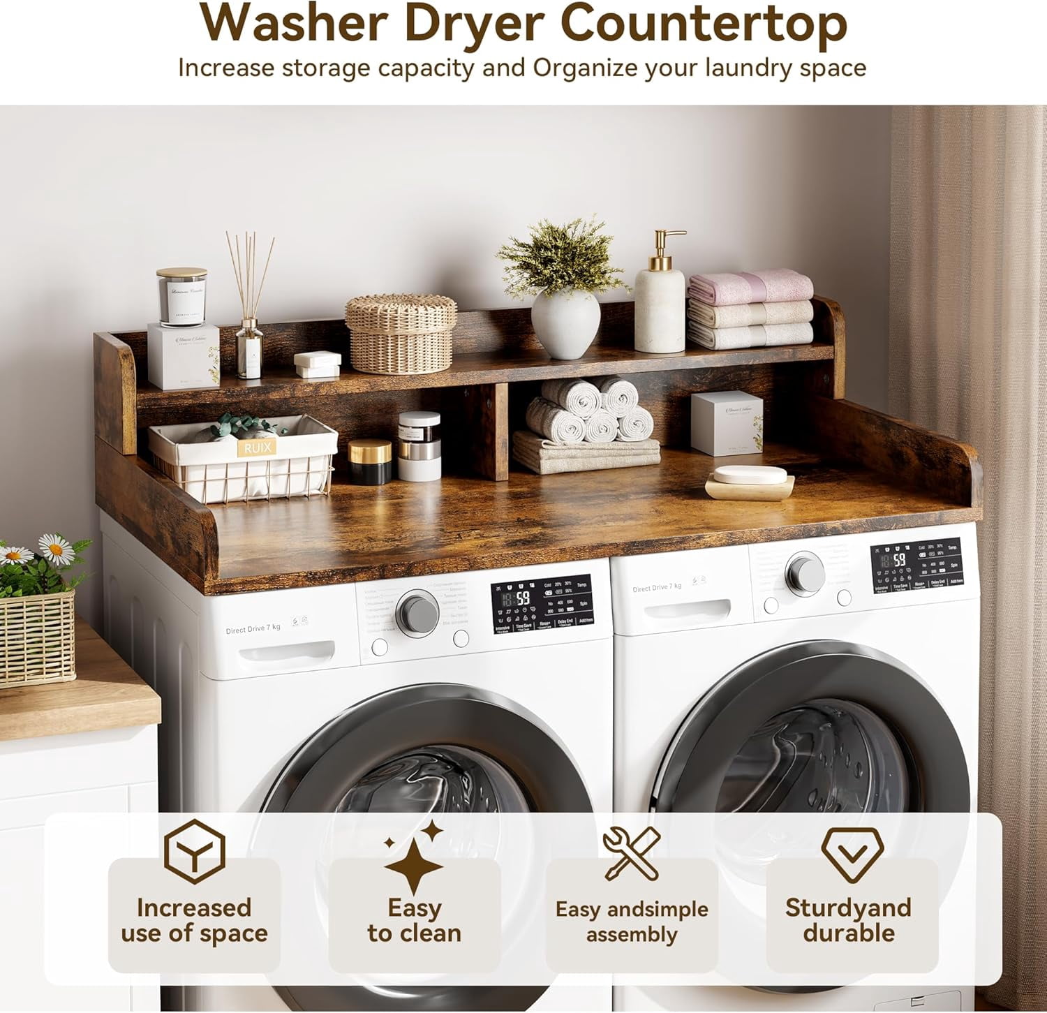 2-Tier Washer Dryer Countertop with Shelf, Laundry Topper with Edge and Non-Slip Pad for Washer Dryer Laundry Hamper Counter Storage Organization 54"X27.5"，Retro