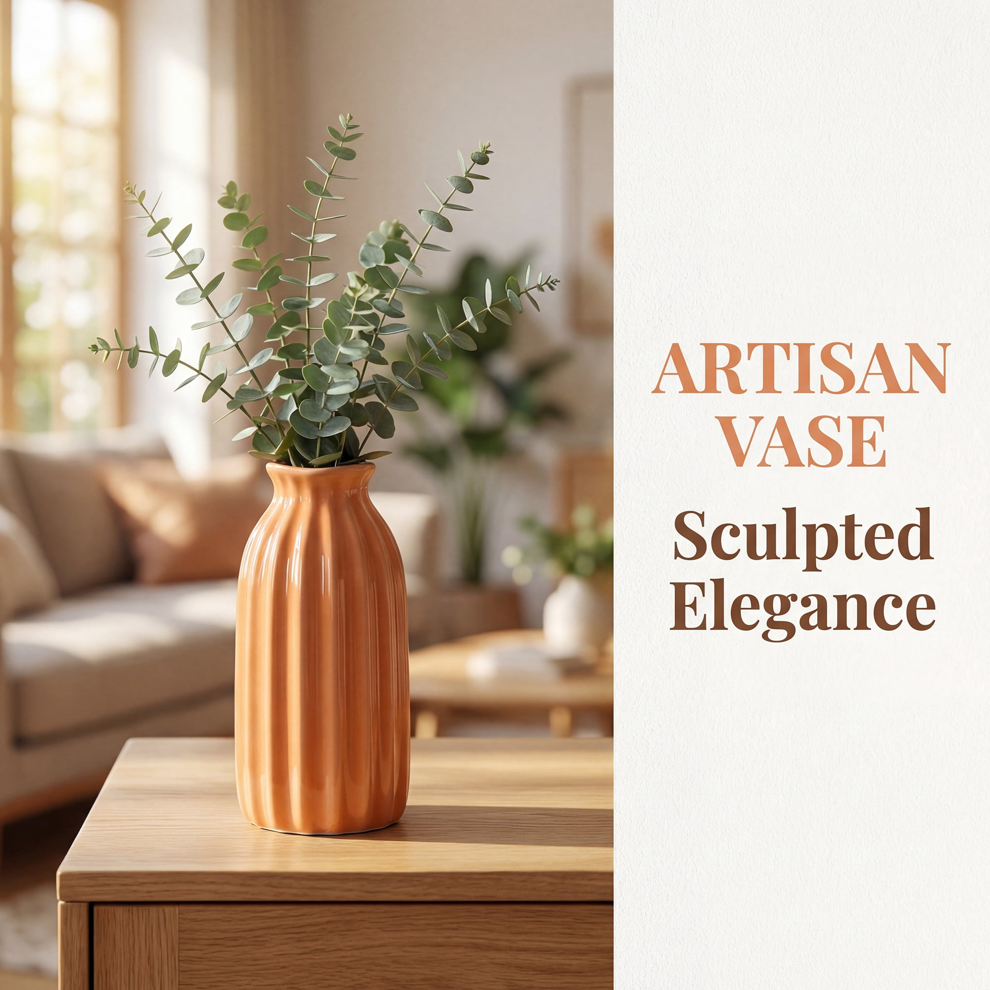 Unique Bargains Small Ceramic Vase Matte Ribbed Decorative Flower Vase for Bathroom Orange