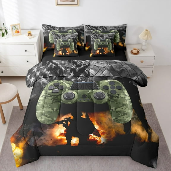 Homewish Camouflage Gamepads 7-Piece Twin Bedding Sets for Teens Boys Girls,USA Flag Bedding Comforter Set,Abstract Camo Breathable Sheet Sets,Lightweight Room Decor,Reversible