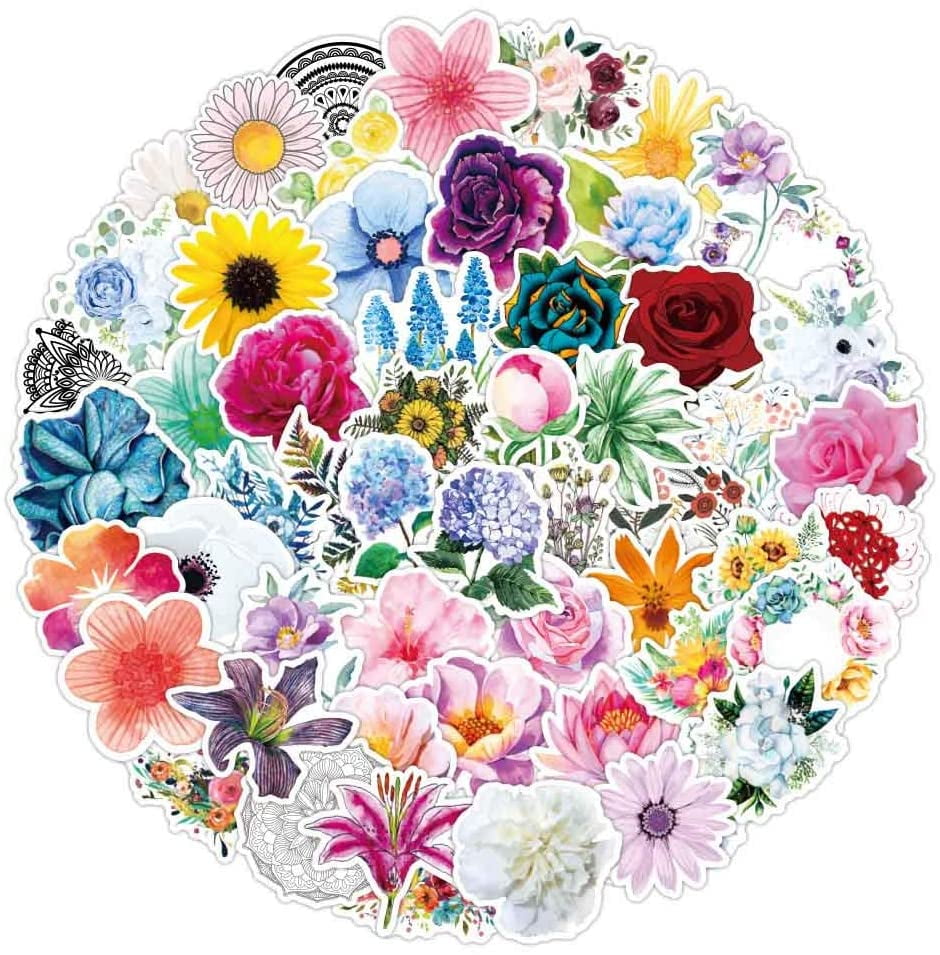 Vinyl Spring Flower Stickers 50 Pcs Pack Cute Flower Decals for Laptop Car Luggage Water Bottle Helmet Teen Scrapbooking Embellishments & Decorations（Flower） 