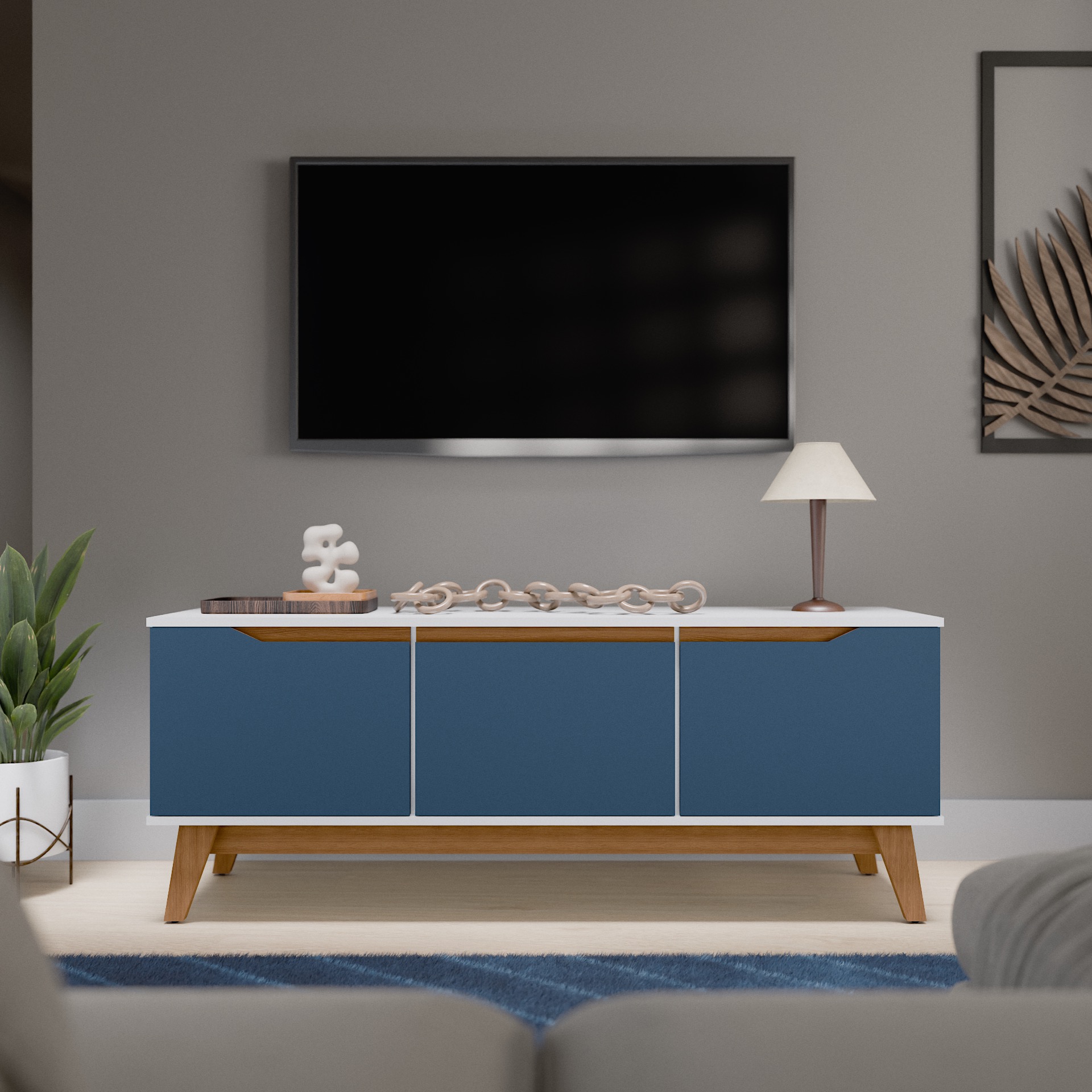 Kappesberg Athens 3-Door Tv stand with Soft-Close Doors and Built-in Handles - White/Blue