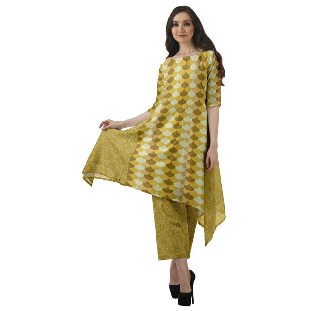 Moomaya Kurti Asymétrique avec Ensemble Pantalon Femmes Chanderi Imprimé Tenue de Fête Vêtements