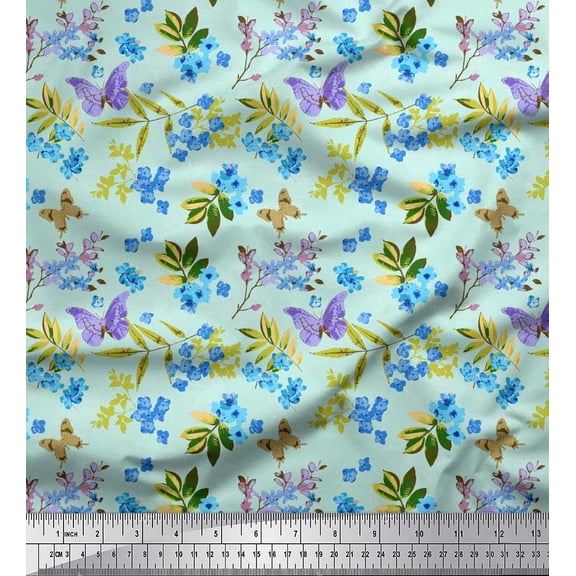 Soimoi Cotton Duck Fabric Leaves,Butterfly & Lilac Floral Decor Fabric Printed Yard 42 Inch Wide