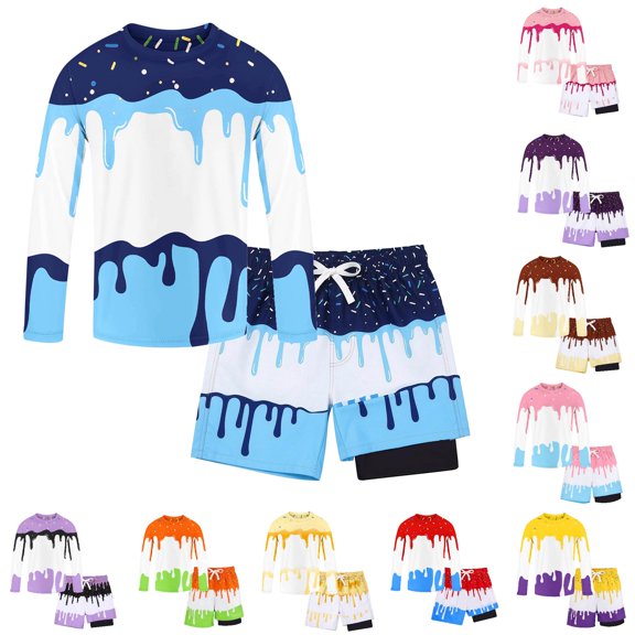 XAOFW Boy's Swimsuit Sets Two Piece Swimwear With Ice Print Long Sleeve Summer Swim Shirts And Shorts For Toddler Kids Water Play Soft Swim Wear 2-3 Years