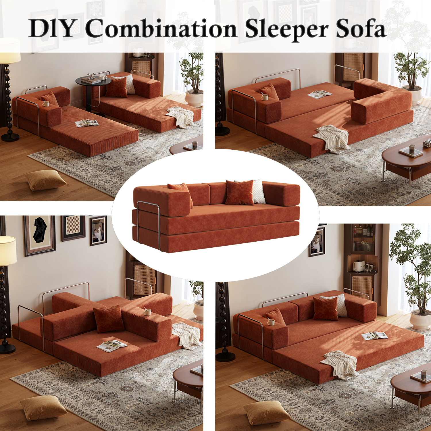Lodeija 80.3" 5-in-1 Convertible Futon Sofa Bed, Green Corduroy Tatami Sleeper Couch for Small Spaces, 2 Pillows