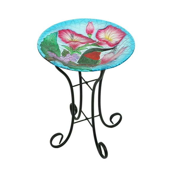 LuxenHome Hummingbird Floral Glass Birdbath with Metal Stand