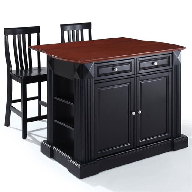 Crosley Coventry Drop Leaf Kitchen Island with School House Stools in Black