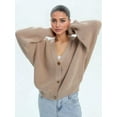 thumbnail image 6 of Women'S Chunky Knit Cardigan Sweater V-Neck Long Sleeve Button Casual Loose Cropped Cardigan Coat Khaki S, 6 of 7