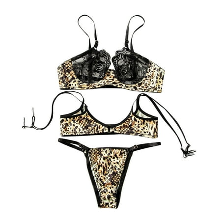

Women Rose Printed Lace Lingerie Split Underwear Lingerie Three-Pieces Suit
