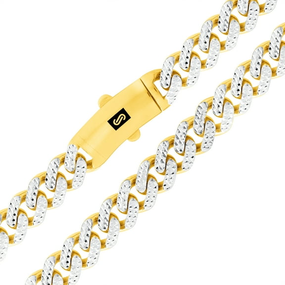 Nuragold 10k Real Yellow Gold Royal Monaco 9mm Miami Cuban Diamond Cut Pave Link Necklace (18"-30") Two Tone Italian Jewelry for Men