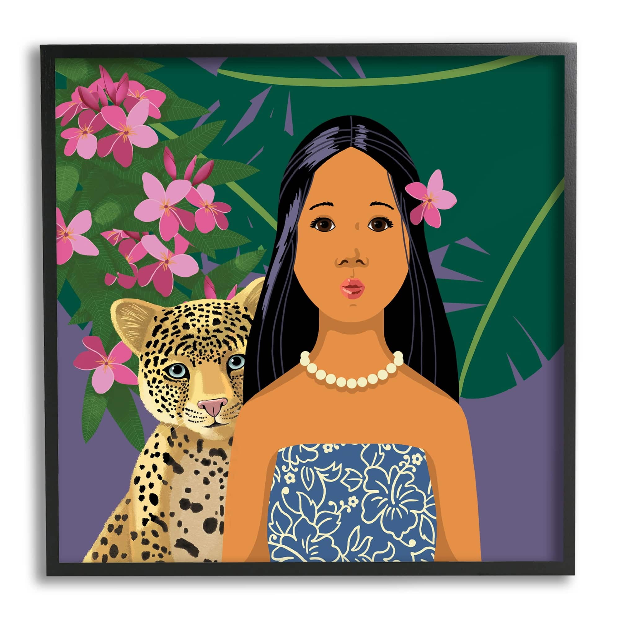 Stupell Industries Portrait Girl Leopard Friend Pink Flowers Leaves Graphic Art White Framed Art Print Wall Art, 17x17, by Sally Springer Griffith