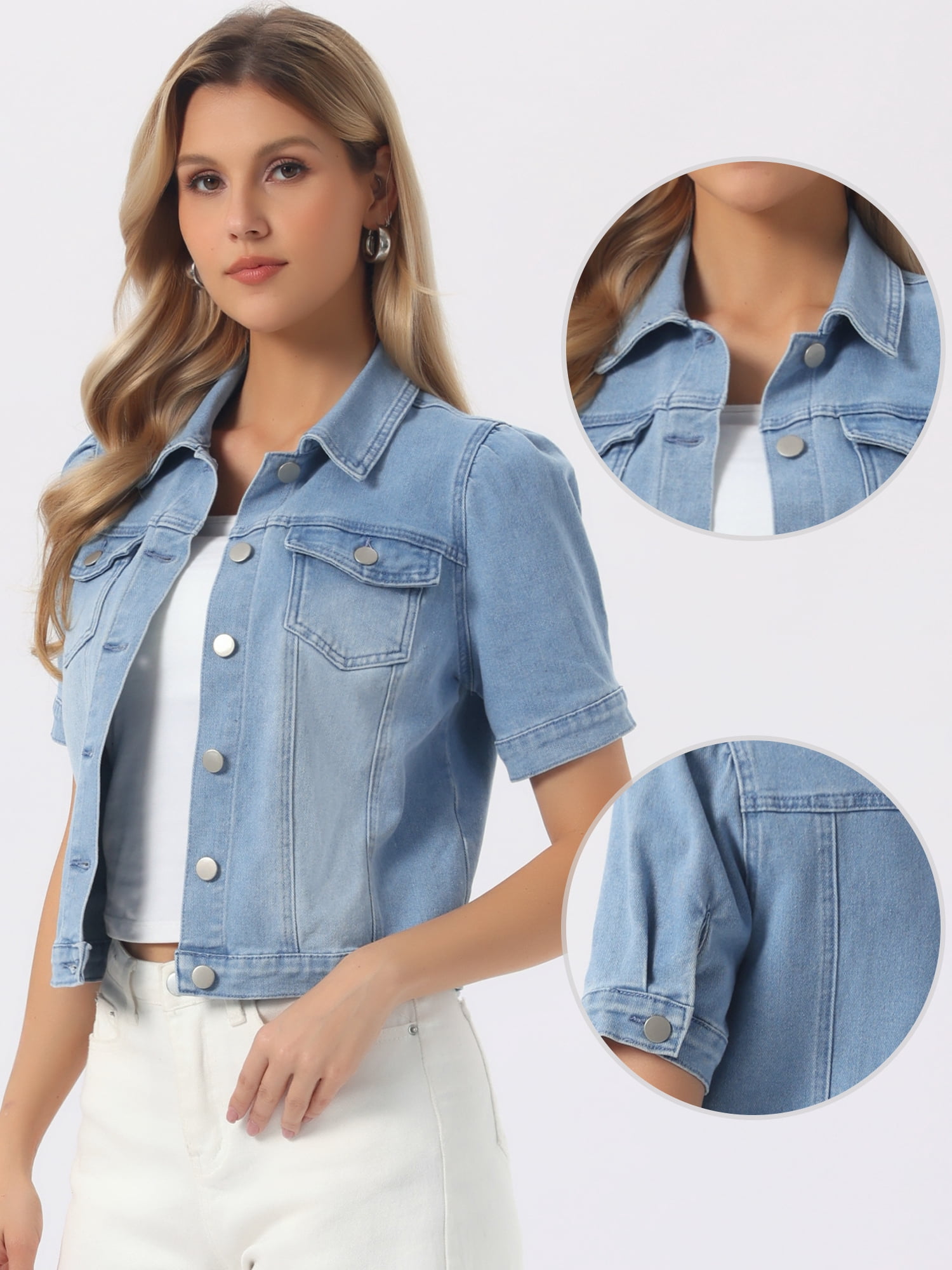 DARING DIVA Women's Jean Jacket Short Puff Sleeves Button-Down Denim Jacket L Light Blue