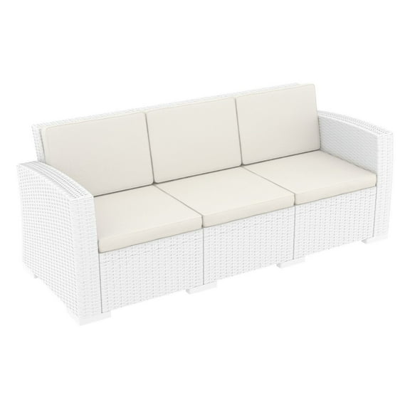 Luxury Commercial Living 55" White Outdoor Patio Sofa with Natural Beige Sunbrella Cushion