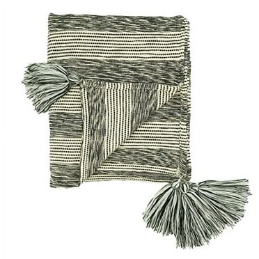 Fennco Styles Striped Design Tassel Cotton Throw Blanket 50" W x 60" L – Black & White Woven Blanket for Couch, Bedroom and Living Room Décor