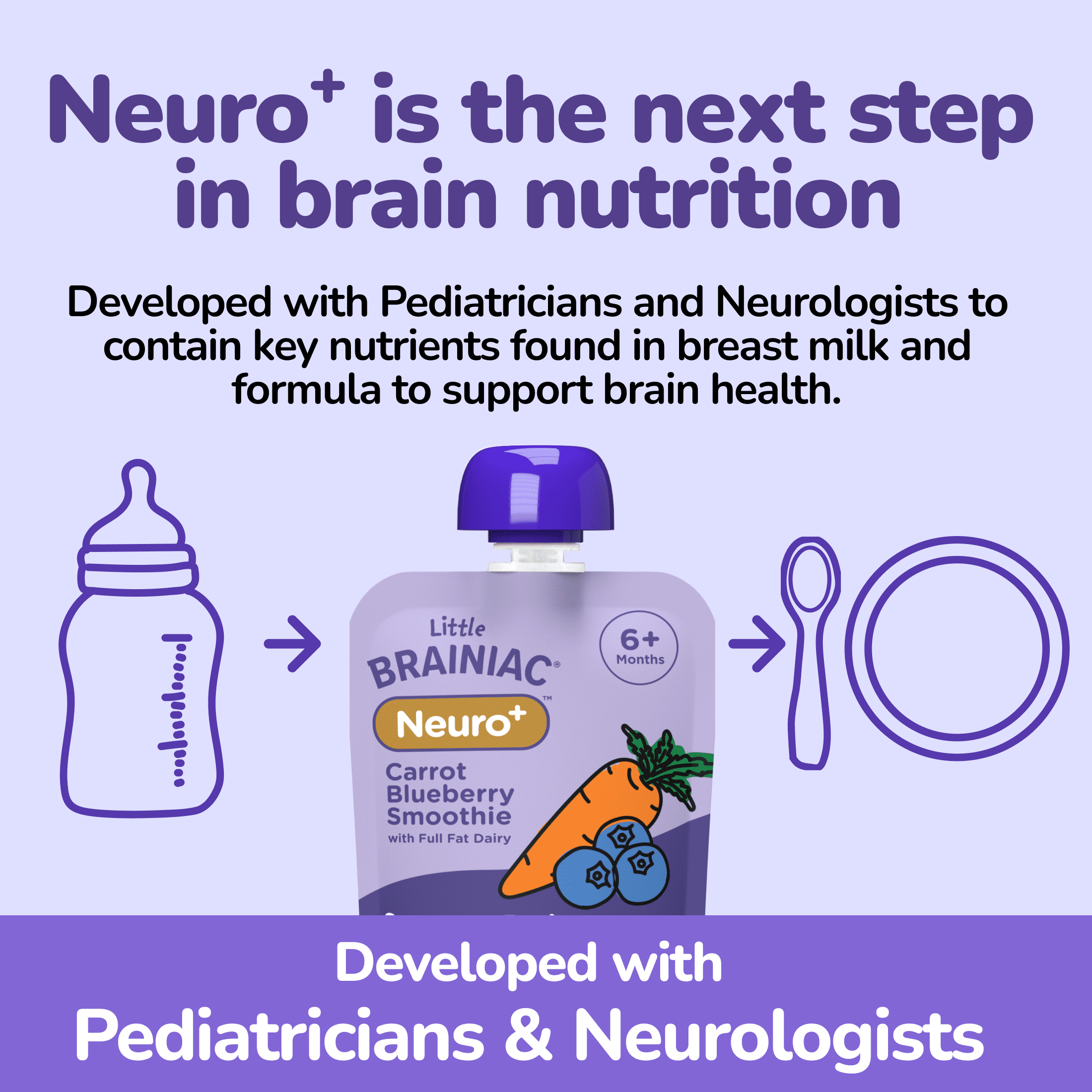 Little Brainiac Neuro+ Smoothie Baby Food Pouch with Omega-3s, Blueberry Carrot, 3.5oz, 6ct