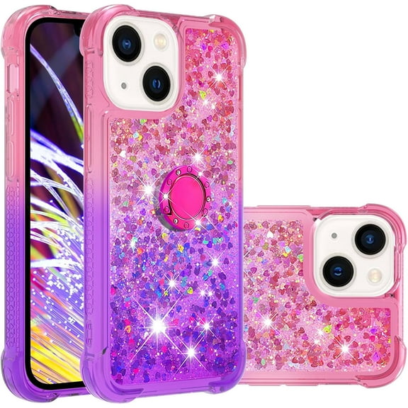 Glitter Case for Apple iPhone 15 Plus for Women Girls, Bling Sparkle Colorful Gradient Quicksand Waterfall Soft TPU Liquid Cover Case with Ring Stand for iPhone 15 Plus JB-Pink Purple