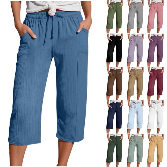 Bloomae Cotton Linen Capri Pants for Women 2026 Summer Lightweight Casual Plus Size Capris Loose Wide Leg High Waisted Drawstring Croped Pants with Pockets