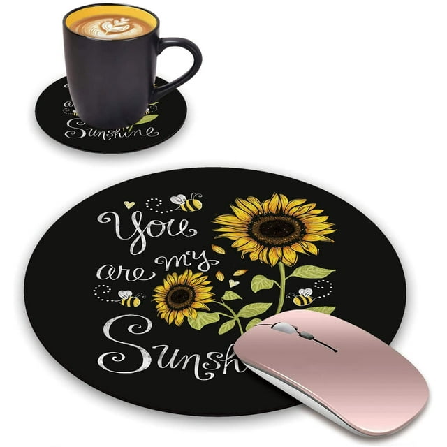 ChaTham Ensemble Rond avec sous-Verres, Tu Es Mon Rayon de Soleil, Sunflower & Cute Pug, Base en Caoutchouc Antidérapante Ronde pour Ordinateur Portable Accessoires de Bureau à Domicile