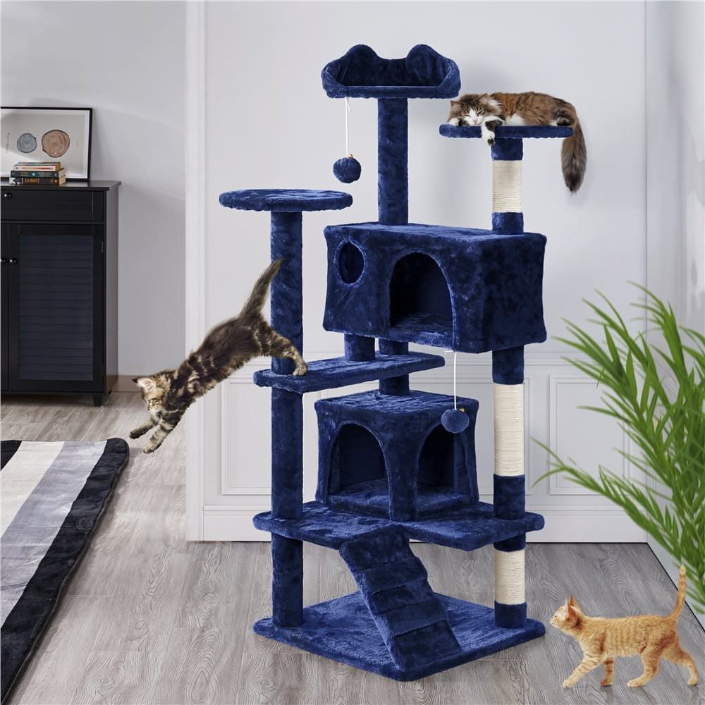 Alden Design 54''H Multilevel Cat Tree Condo 3 Scratching Posts  for  Medium Cats Indoor, Navy Blue