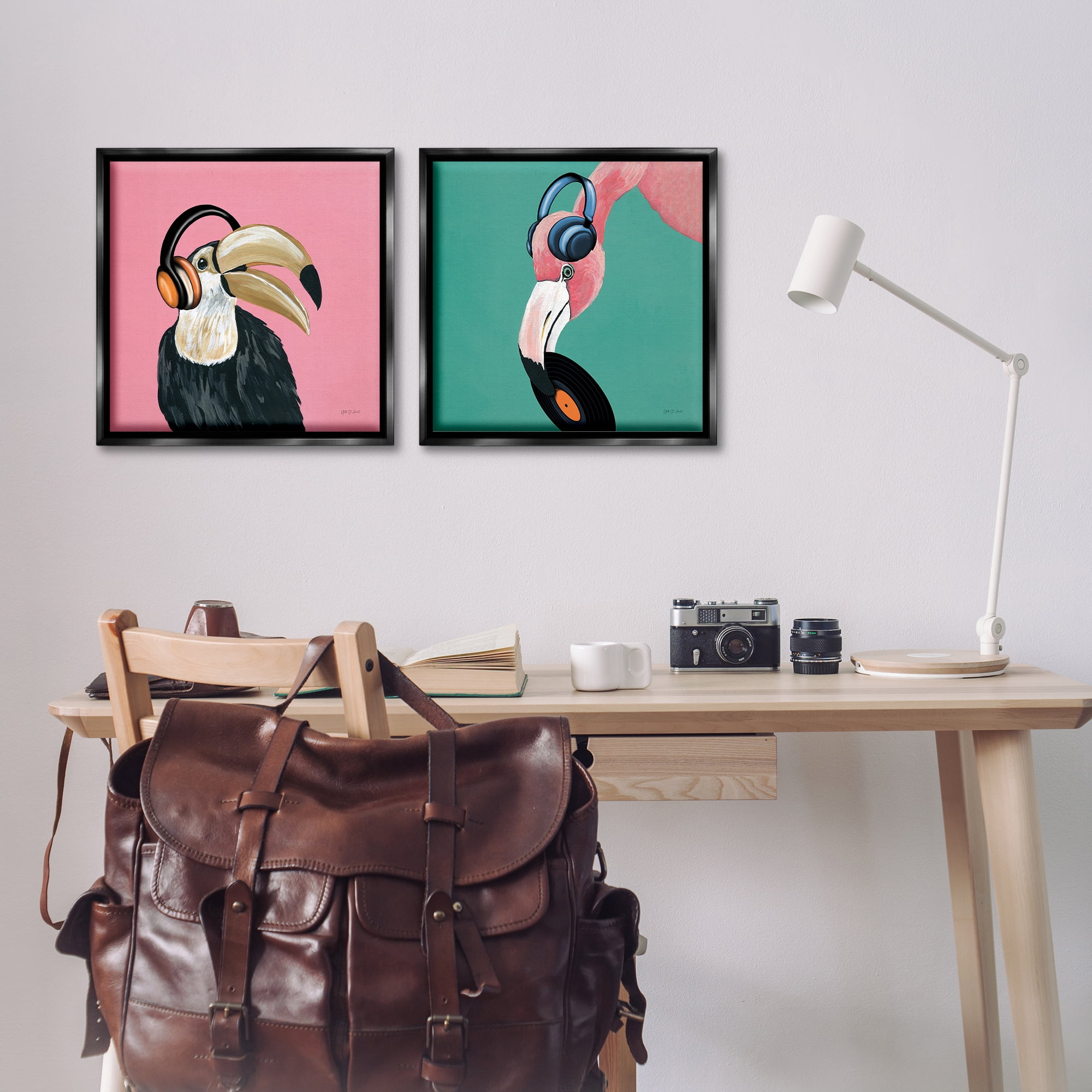 Stupell Industries Toucan and Flamingo Musical Pals Animals Painting Black Floater Framed Canvas Art Print Wall Art, 18 x 18, Set of 2
