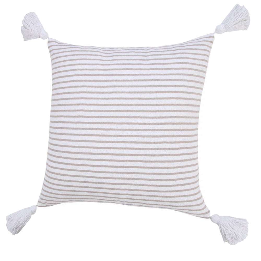 LR Home Ox Bay Hand-Woven Beige/White Stripe All-Natural Cotton Pillow Cover