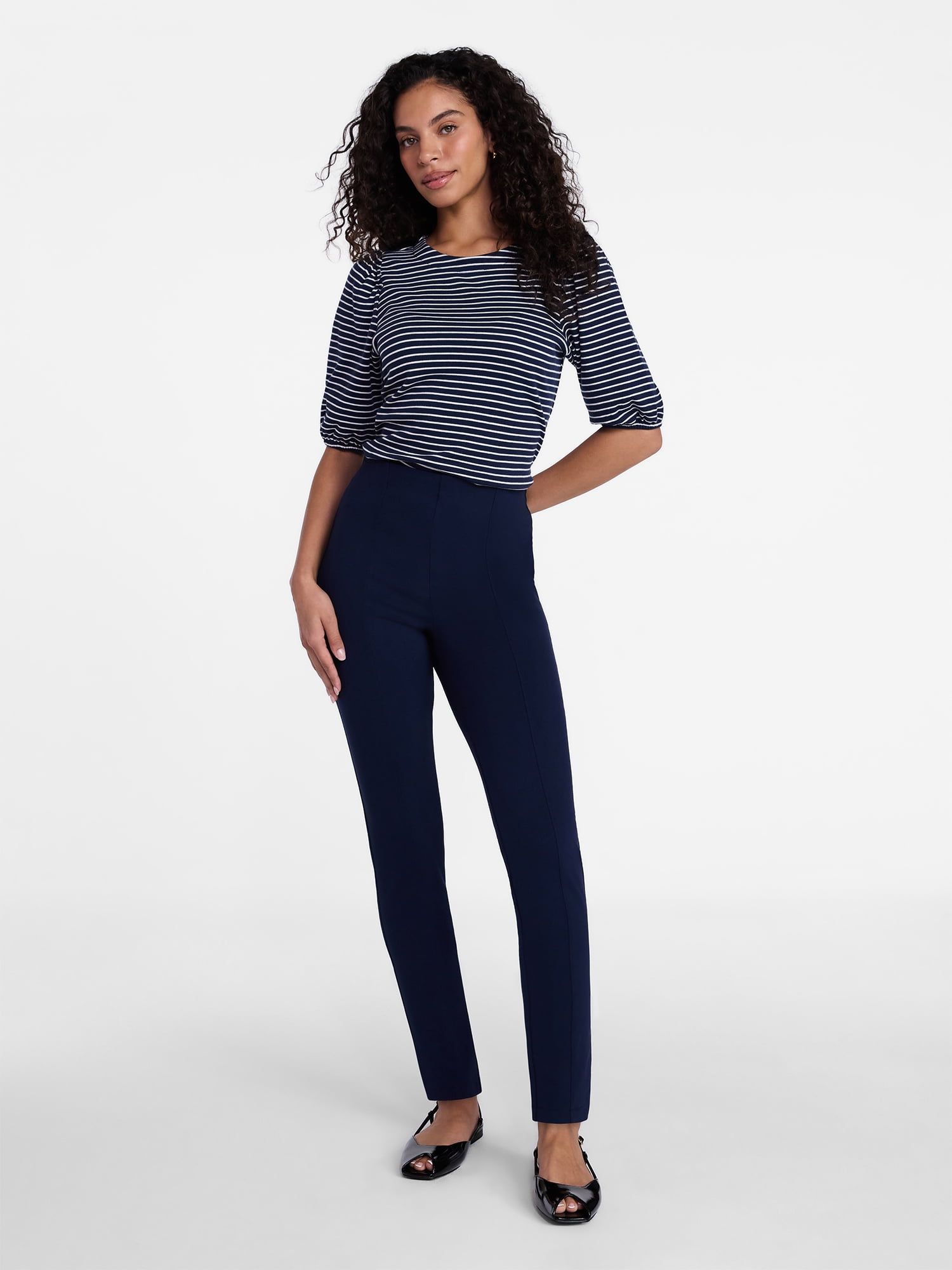Time and Tru Women's Cotton Crewneck Tee with Puff Sleeves, Sizes XS-XXXL