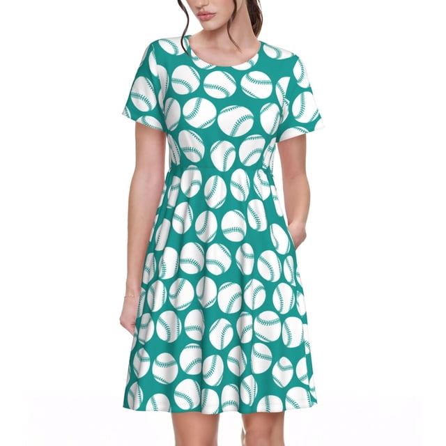 Fotbe Green Baseball Vestido Largo de Moda para Mujer, Vestido Tipo Camiseta con Manga Corta y Estilo Casual a Rayas y Bloques de Color