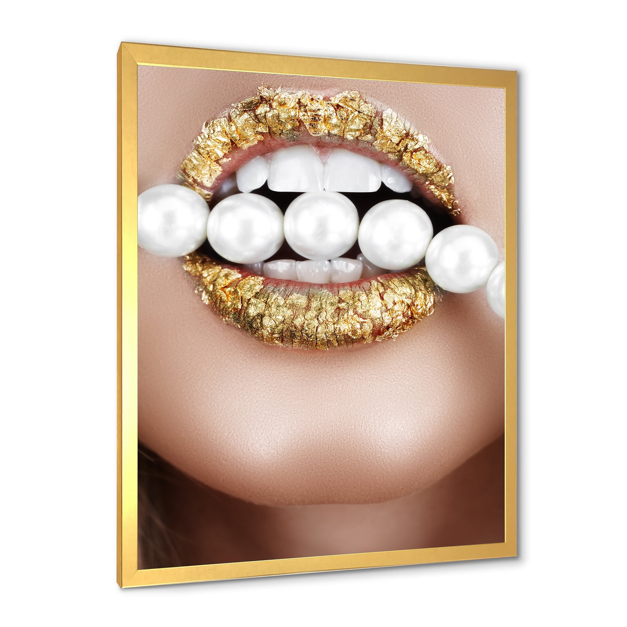 Designart 'Gold Leaf Lips Mouth With Pearls' Modern Framed Art Print