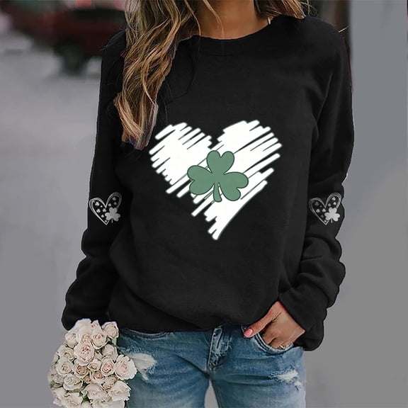 BEFOKA Basic Long Sleeve Shirts For Women St Patrick'S Day Crew Neck Sweatshirts Irish Shamrock Heart Printed Black Shirts for Women Going Out Tops Fall Blouses 2026 Green Graphic Tops & T-Shirts