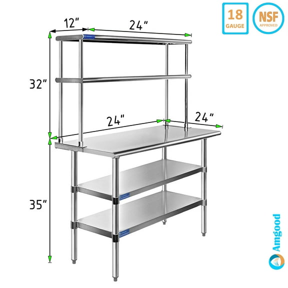 24" x 24" Stainless Steel Work Table With Two Shelves | 12" Wide Double Tier Overshelf | Metal Kitchen Prep Table & Shelving Combo