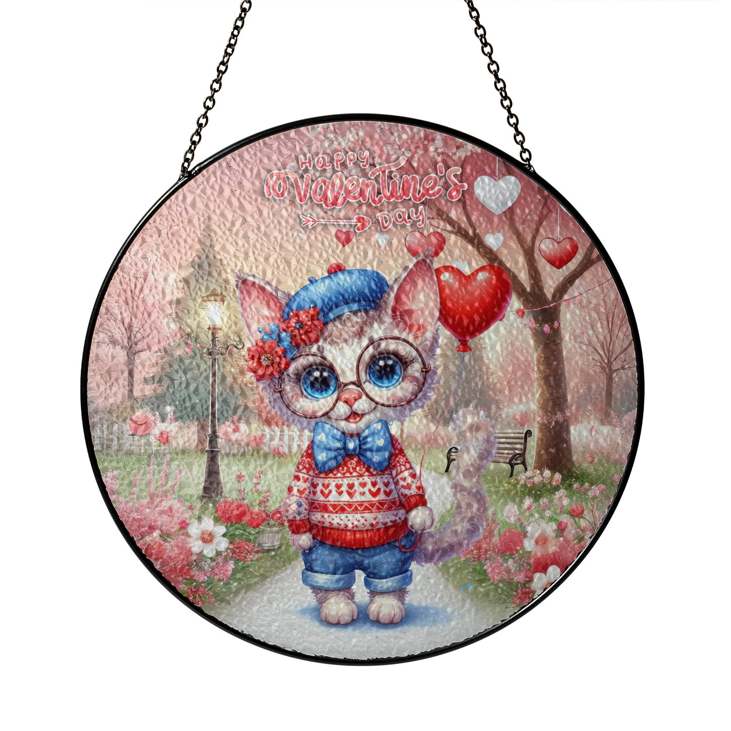 Happy Valentine’s Day Adorable Devon Rex Kitten Holding Heart Balloon Stained Glass Suncatcher Cat Lover Kitten Owner Gifts Window Hanging Sign Decor - 00030