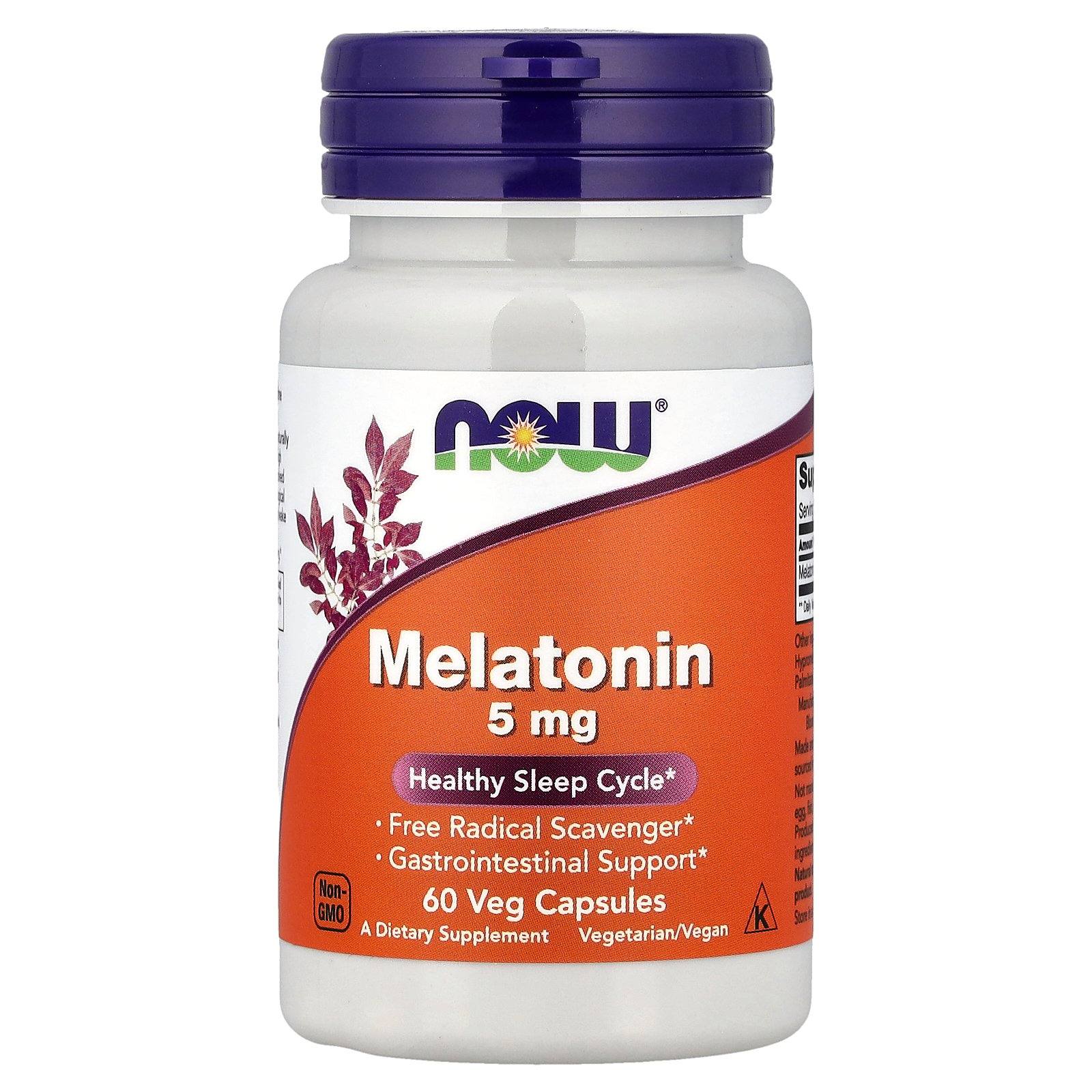 NOW Supplements, Melatonin 5 mg, Free Radical Scavenger*, Healthy Sleep Cycle*, 60 Veg Capsules