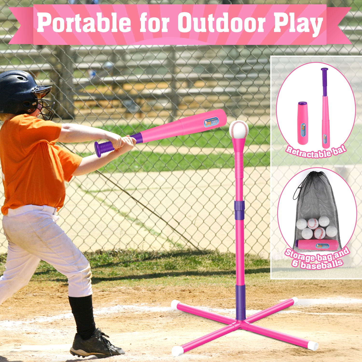 Beefunni 3-in-1 Baseball Set for Toddlers Kids 3-8 - Tee Ball Stand, Hanging Tee, Ball Launcher and 6 Baseballs -  Indoor/Outdoor Sport Gifts for Boys (Pink&Purple)