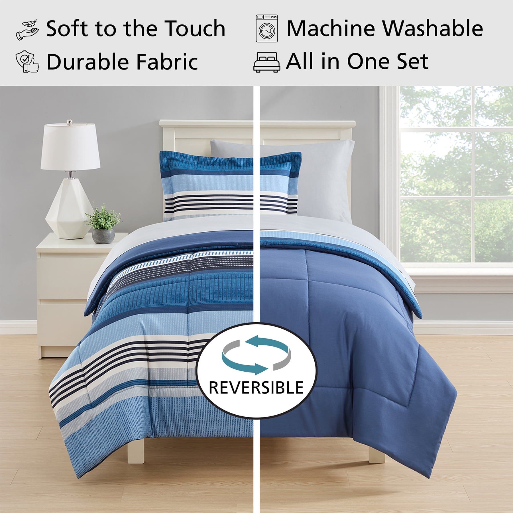 Mainstays All-in-One Reversible Comforter and Sheet Set, 5-Piece, Twin/Twin XL, Blue Stripe