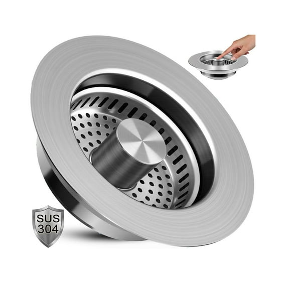 Behome 3 in 1 Kitchen Sink Drain Strainer, 304 Stainless Steel Pop Up Sink Stopper, Fits Standard 3-1/2 Inch Drain Hole, Universal Sink Protector Cover, Anti-Clogging Design, Silver
