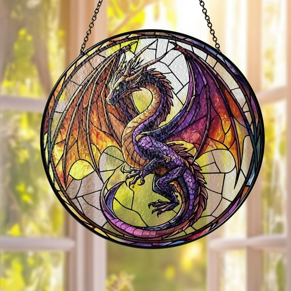 Mystery Dragon Glass Suncatcher, Hanging Decor for Fantasy Fans, Holiday Gifts, Purple Dragon Stained Glass Decor, Gift for Fantasy Fans