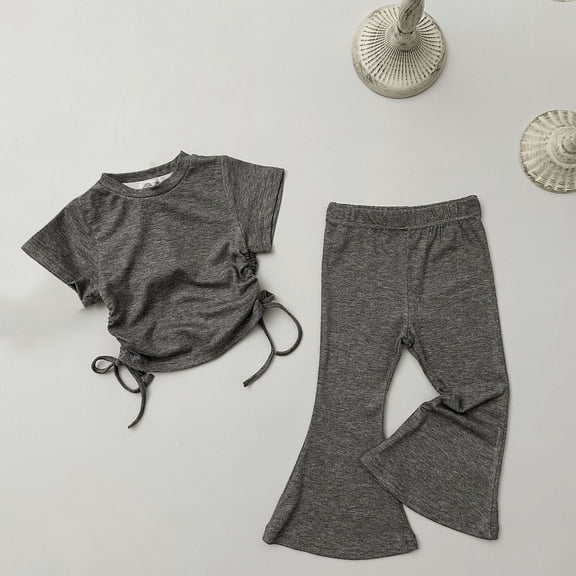 Amidoa Girls Summer Outfits 2 Piece Cute Short Sleeve Top and Casual Shorts Kids Clothing Sets Gray Size 12-18个months