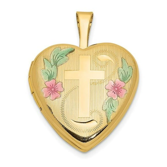 Quality Gold XL796 16 mm 14ky Enamel Floral Cross Heart Locket