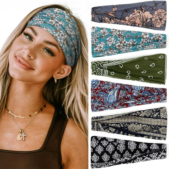 Boho Elastic Hairbands for Women’s Hair Non Slip Wide Thick Head Band Fashion Soft Fabric Woman Headbands Short Hair Accessories for Women 6 Pack Headbands Women outdoor clothing accessory
