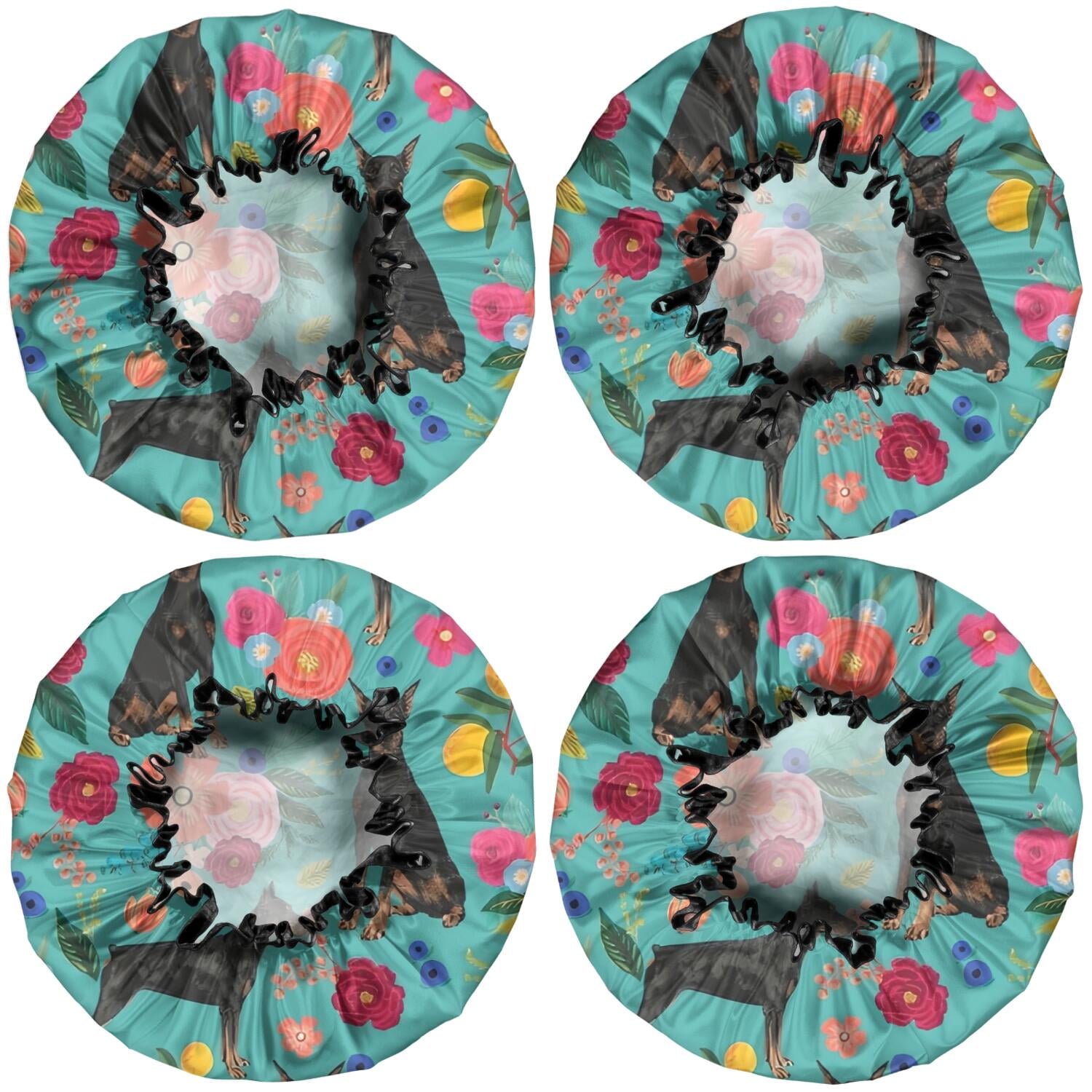 Shower Caps,Doberman Dog Pattern with Pioneer Flower Waterproof Shower Cap for Women 4 Pieces,Double Reusable Hair Cover for Shower PEVA Elastic Stretch Hem