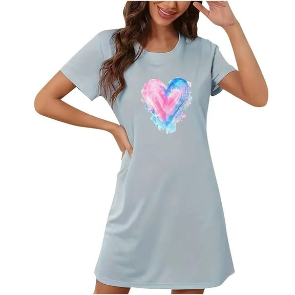 Zorckvet Womens Plus Size Nightgowns Heart Print Sleepshirts Crewneck Valentine's Day Short Sleeve Nightshirts for Women Dressy