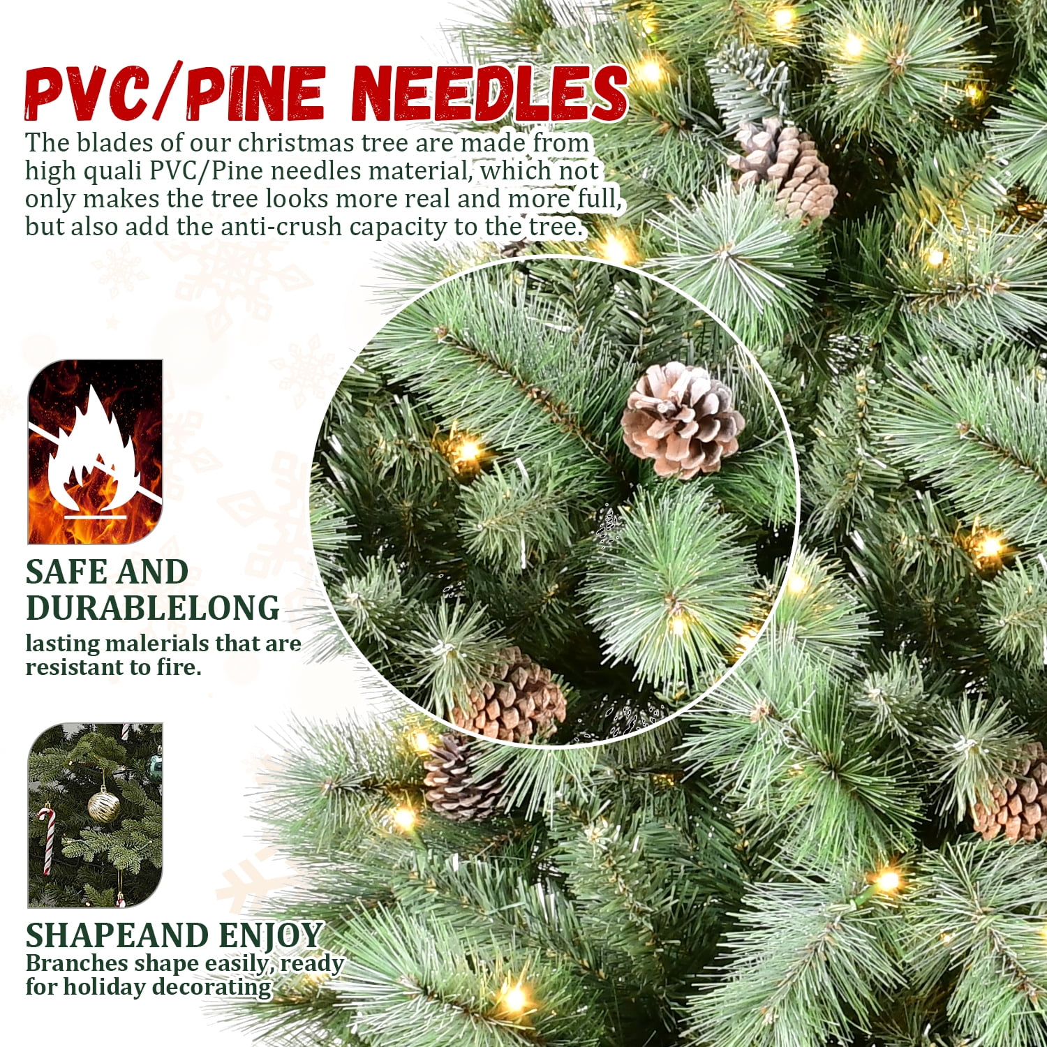 7.5ft Prelit Flocked Christmas Tree 1858 Tips 102 Pine Cones 550 LED Lights Hinged Branches Metal Stand