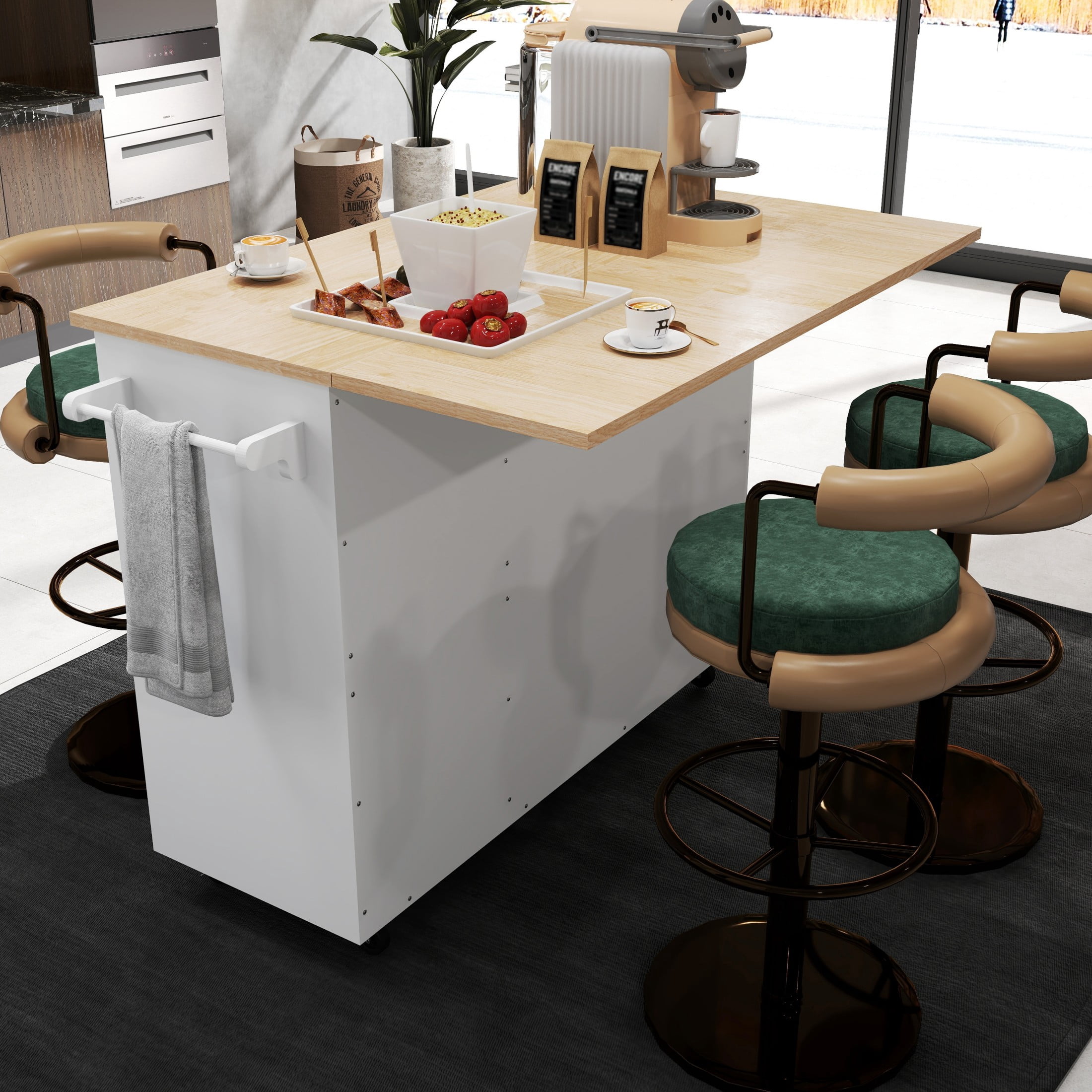 50.4" Kitchen Island with Storage,  Expandable Solid Wood Top Cart with Drop Leaf and Wheels, Grey