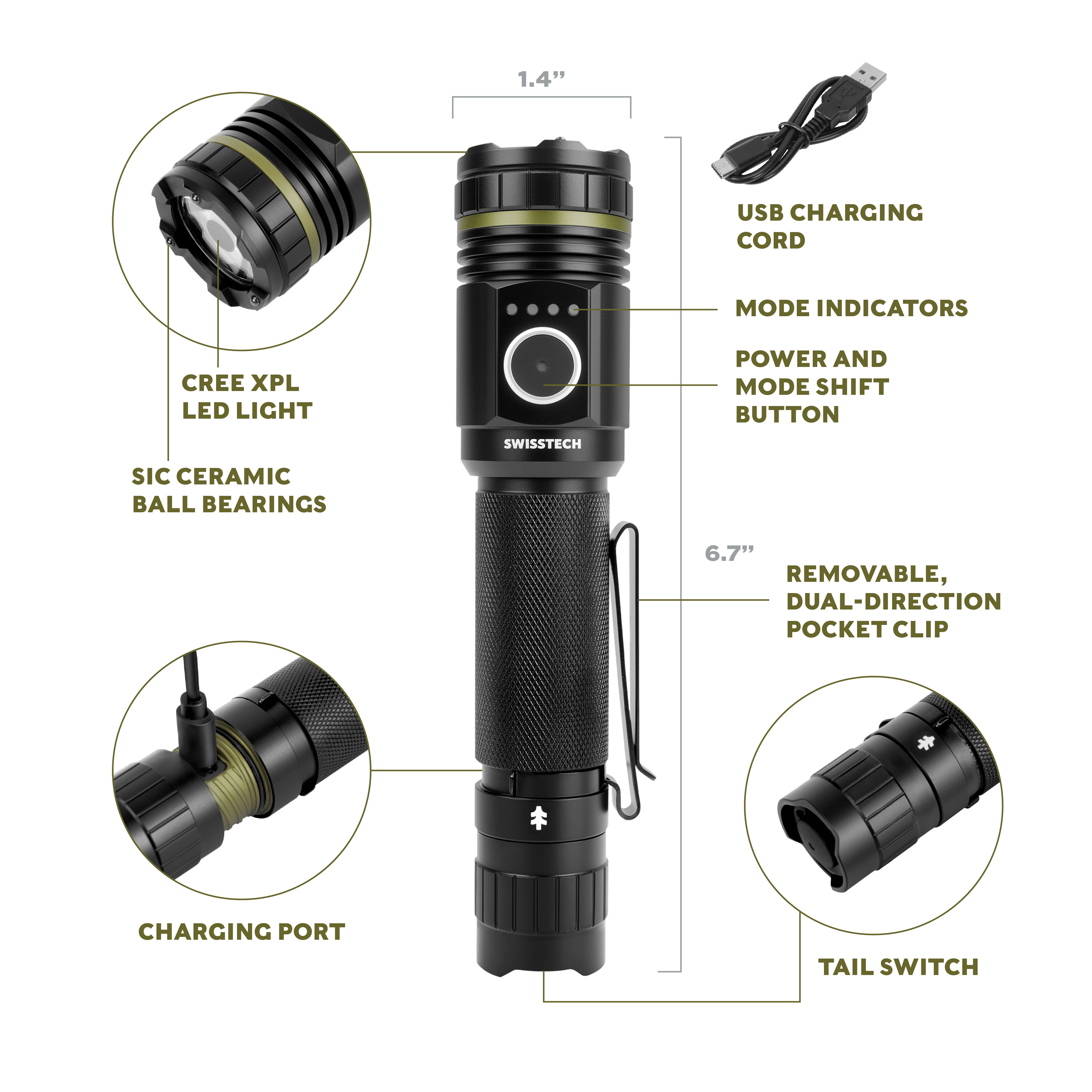 Swiss Tech TAKTISCH 2500LM Rechargeable Tactical LED Flashlight, Waterproof Aluminum