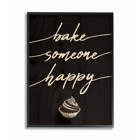 Stupell Industries Bake Someone Happy Cupcake Script Typography Novelty Painting Black Framed Art Print Wall Art, 16 x 20