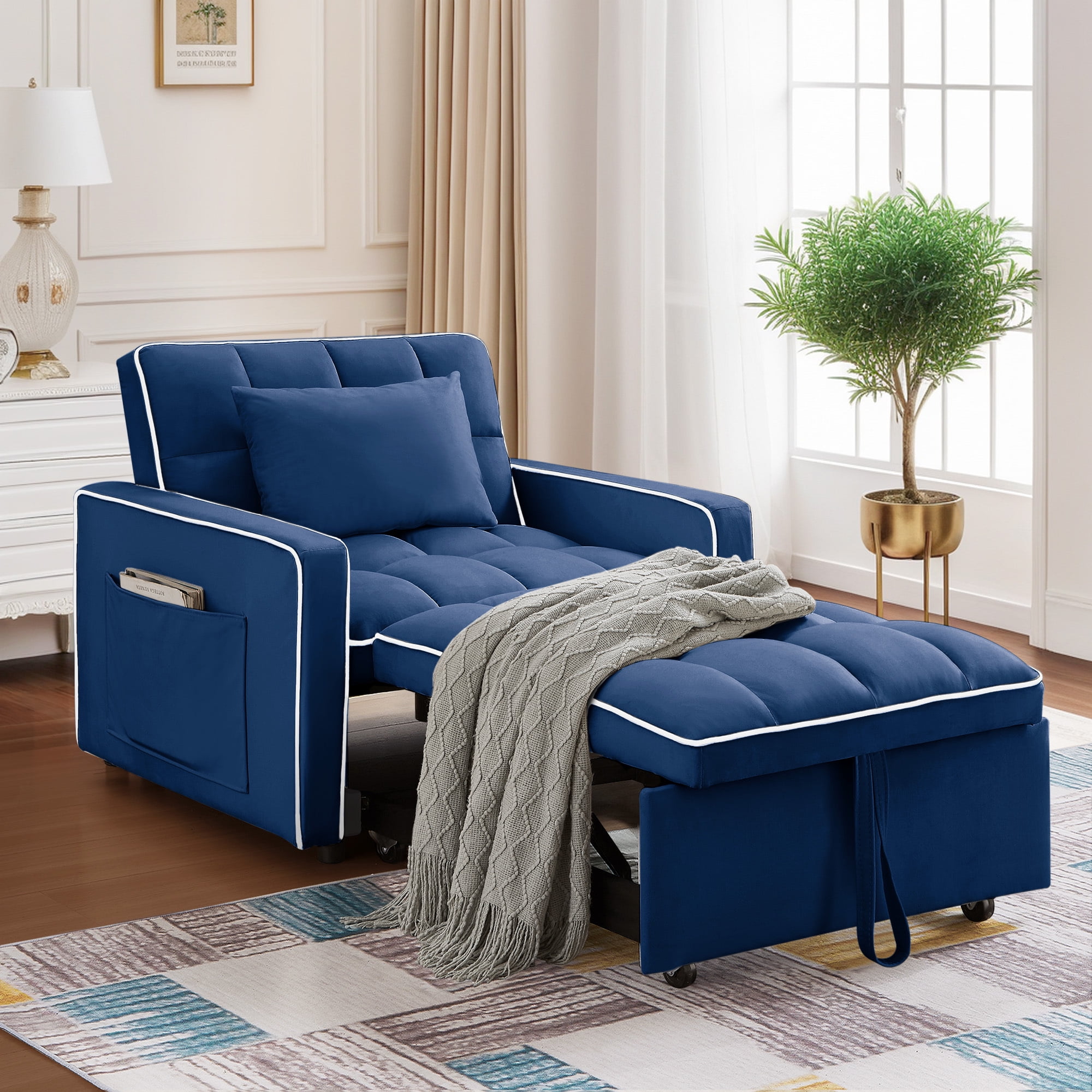 Dinosisco 3-in-1 Convertible Chair Bed, Sleeper Chair Lounge Chair Indoor, Modern Single Pull Out Couch for Living Room, Cobalt Blue Velvet
