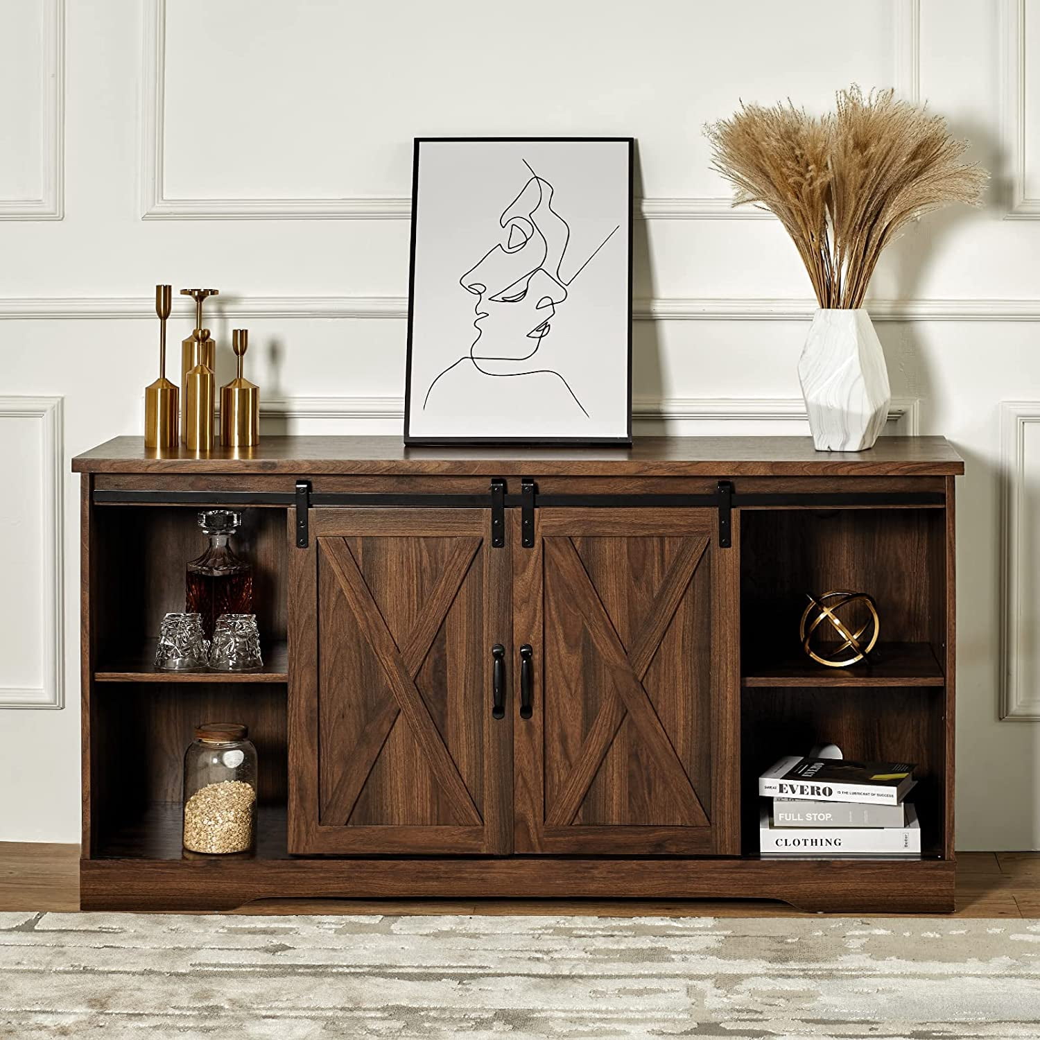 59" Farmhouse Fireplace Entertainment Center with Storage Cabinets/Adjustable Shelvesï¼Dark Walnut, TV Stand Fireplace with Sliding Barn Door for TVs up to 65"