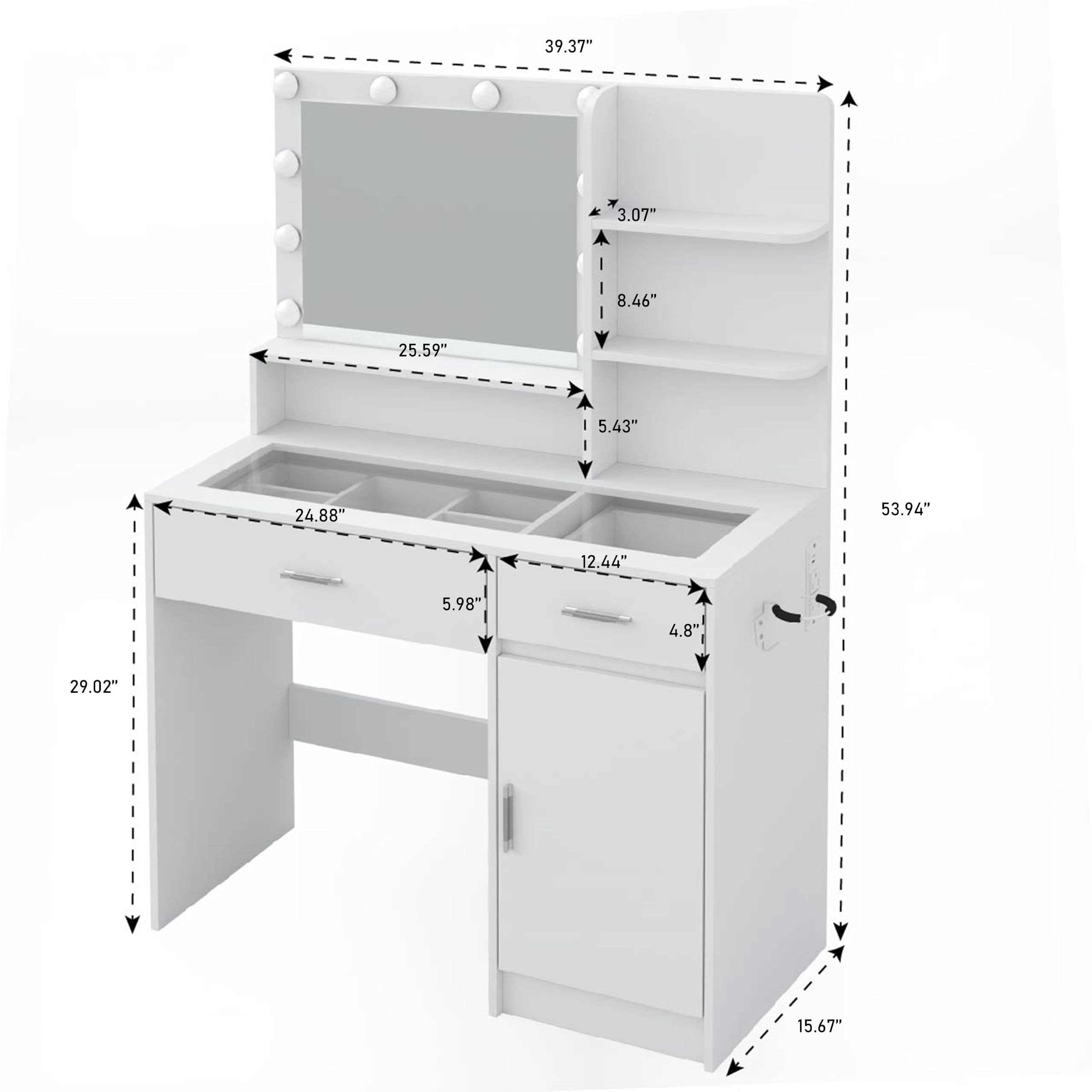 White Vanity Desk with Mirror & LED Lights, Glass Top, Power Outlet, 36 Modes Dimmable RGB Drawers, Makeup Dressing Table for Bedroom